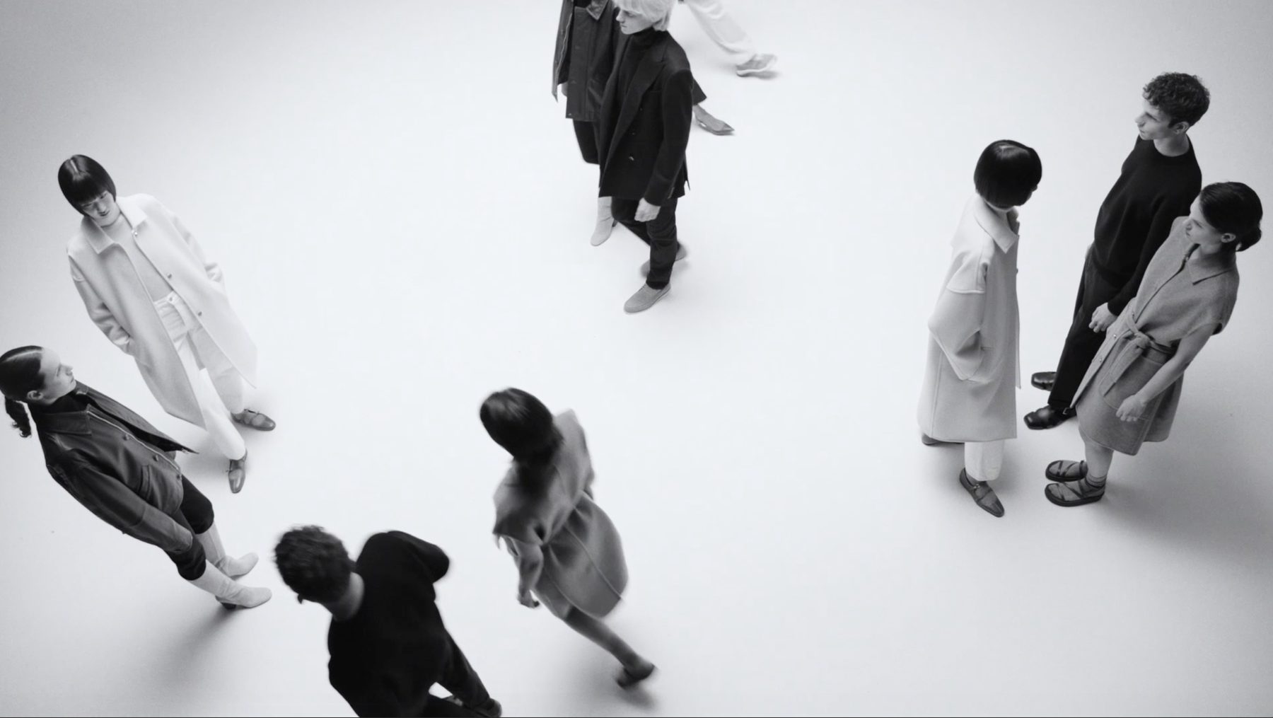 Hermès Fall/Winter 2025 film, figures on a white cyclorama